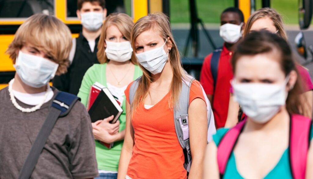 School Students Wearing Medical Face Masks For Protection
