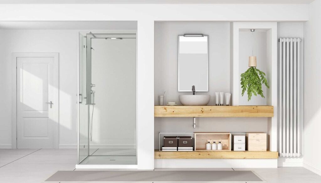 Contemporary,White,Bathroom,With,Washbasin,On,Wooden,Shelf,And,Shower