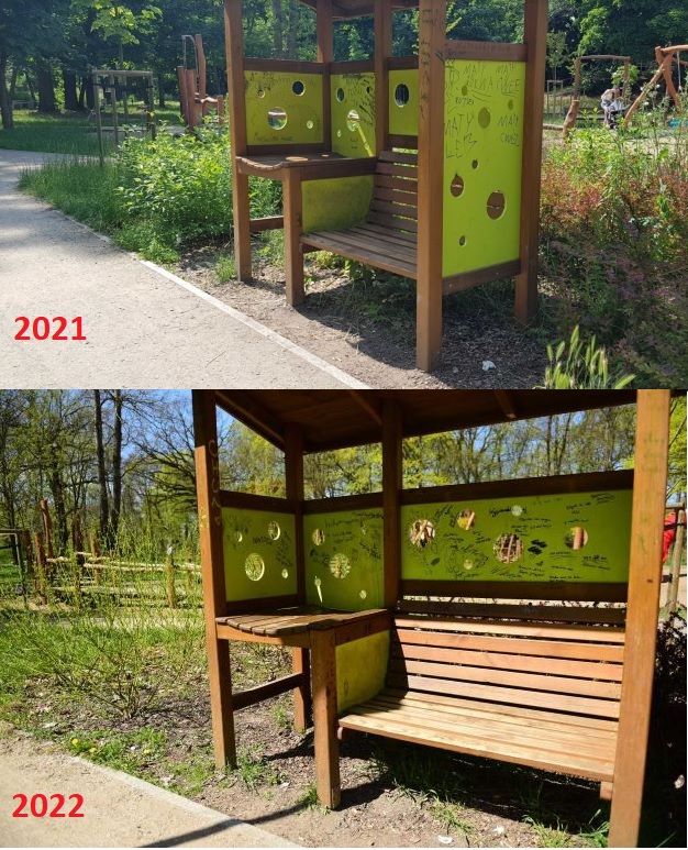 Zniszczona ławka w Parku Tysiąclecia w Toruniu.