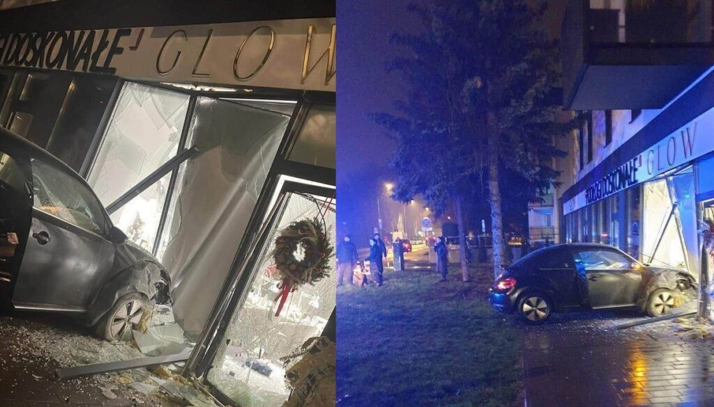 Kolizja na Żwirki i Wigury w Toruniu, samochód uderzył w witrynę sklepową